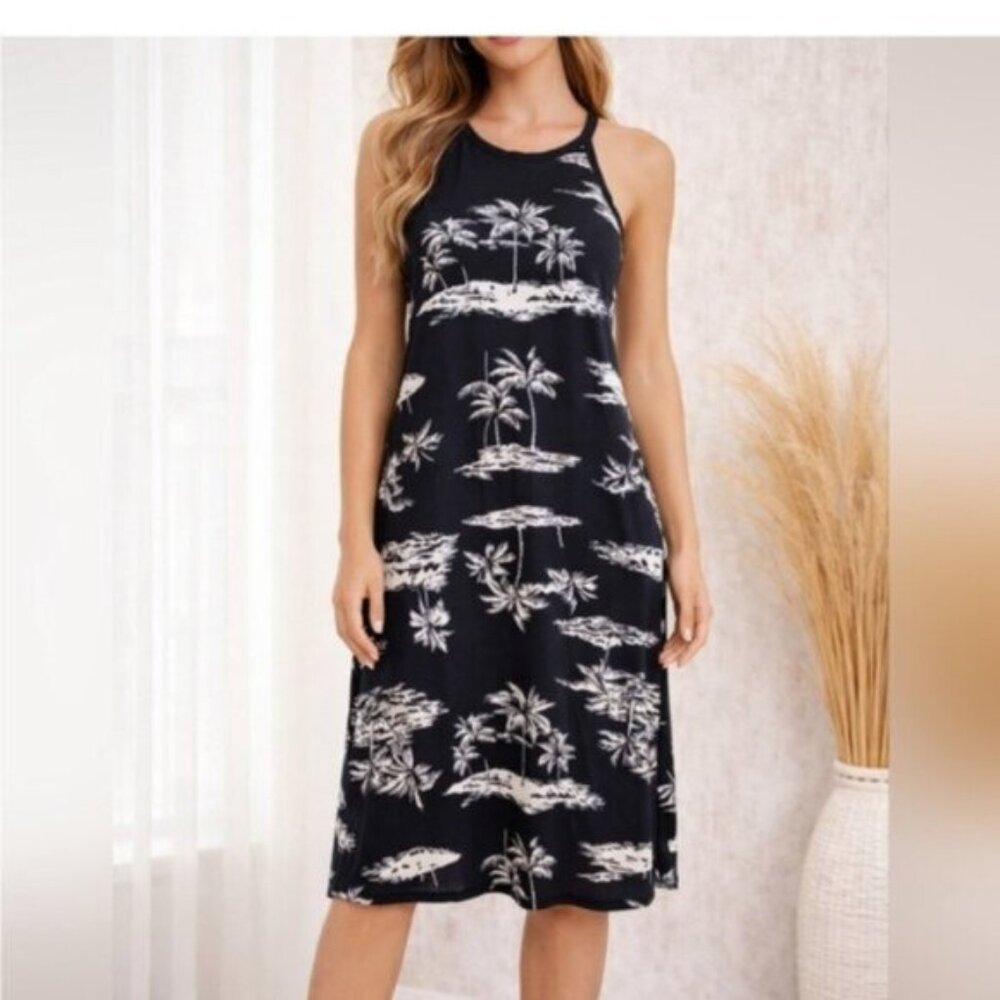 Black Palm Print Halter Mini Dress